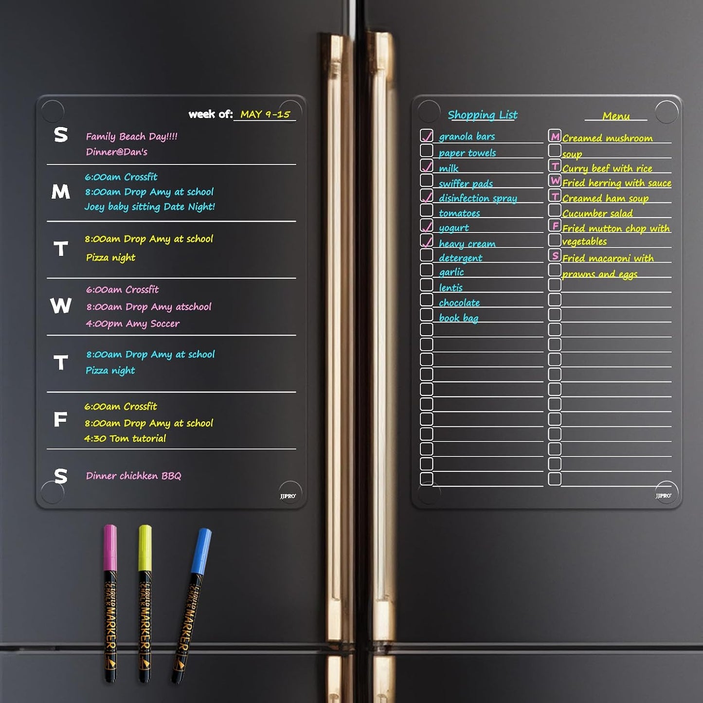 JJPRO Non-Magnetic Dry Erase Calendar for Fridge, Monthly Calendar, Weekly Planning Board Bundle for All Smooth Surfaces. Clear Reusable Calendar Stick to Fridge,Cabinet,Door&Glass