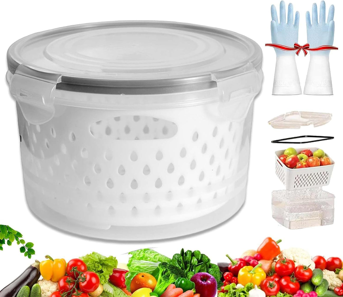 4 In 1 Food Storage Container, Fruit Storage Containers for Fridge, Household Transparent Plastic Food Storage Box-Including Drain Basket, Soak, Wash, Drain, and Store (Gray, S+M+L)