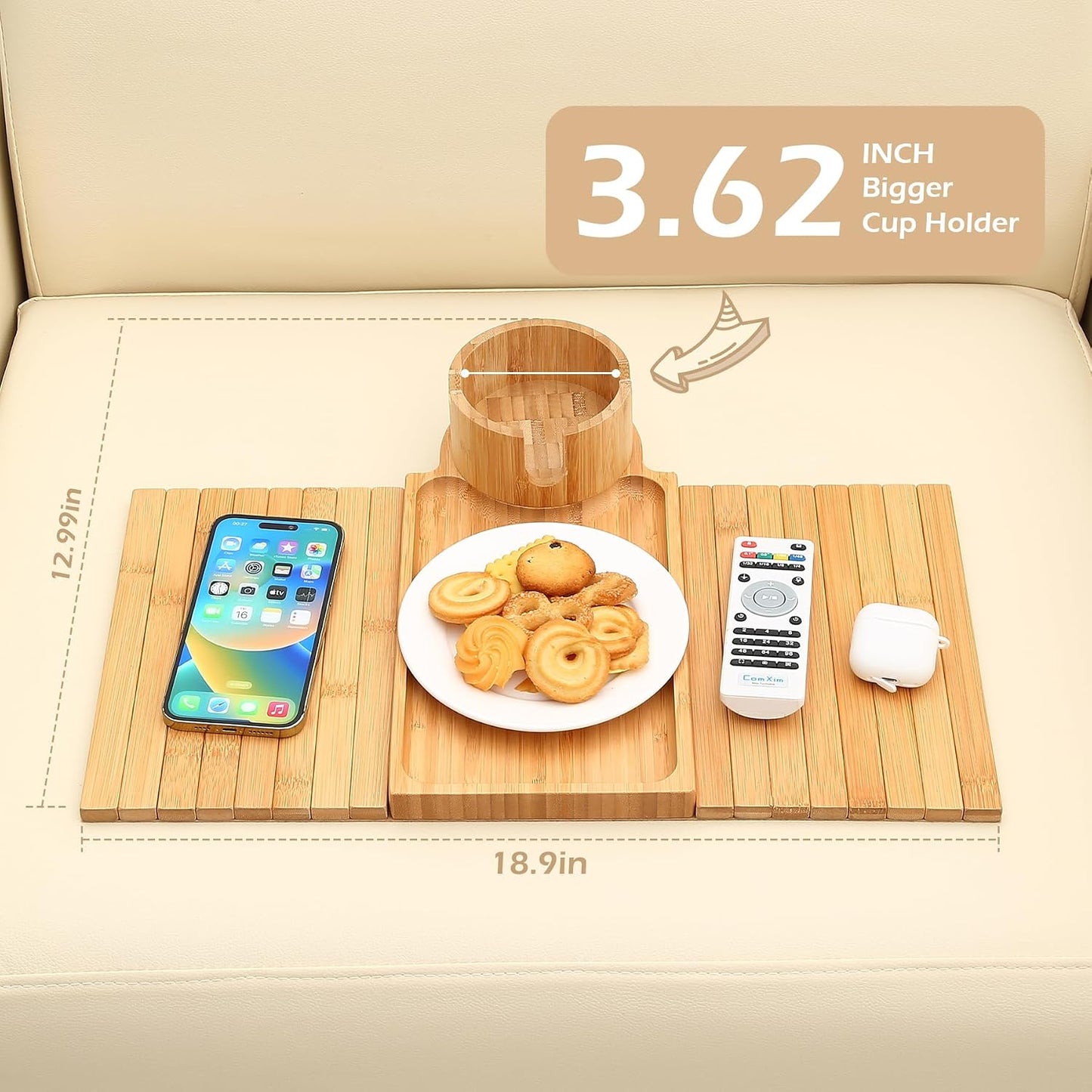 GHKINMAL Couch Cup Holder Tray, 3 in 1 Couch Arm Trays,Large Bamboo Chair Arm Rest Tray with 360° Cup Holder,Removable Anti-Slip Organizer for Snack Eating