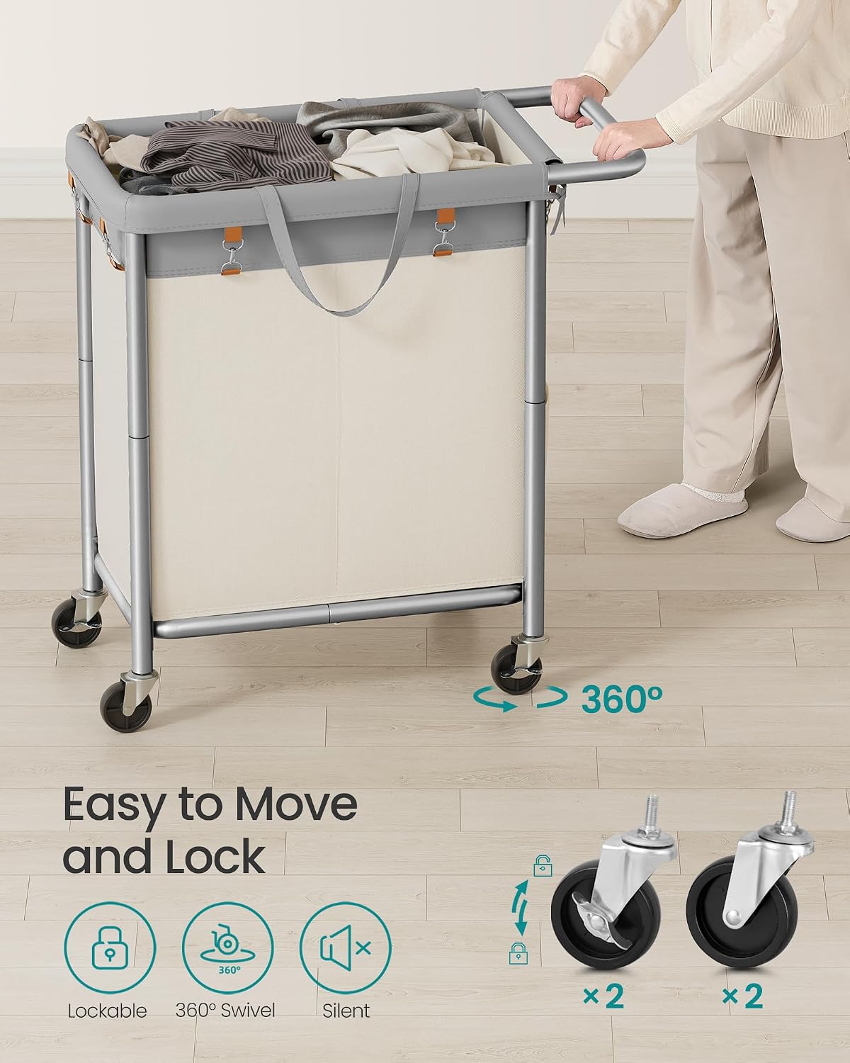 SONGMICS Laundry Basket with Wheels, 4-Section Rolling Laundry Hamper, 68.6 Gallons (260 L), Removable Liner, Steel Frame with Handle, 43.3 x 15.4 x 31.9 Inches, Cream White URLS014W01