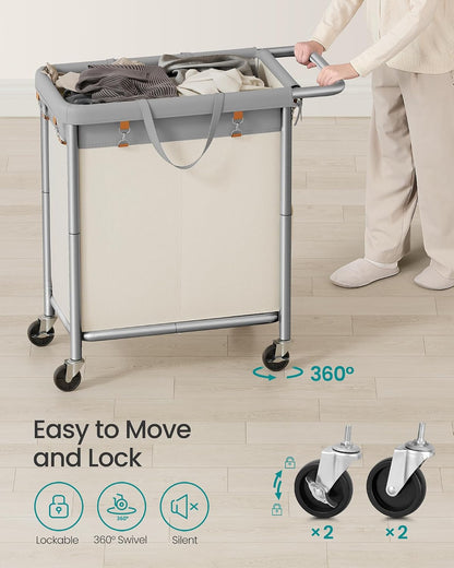SONGMICS Laundry Basket with Wheels, 4-Section Rolling Laundry Hamper, 68.6 Gallons (260 L), Removable Liner, Steel Frame with Handle, 43.3 x 15.4 x 31.9 Inches, Cream White URLS014W01