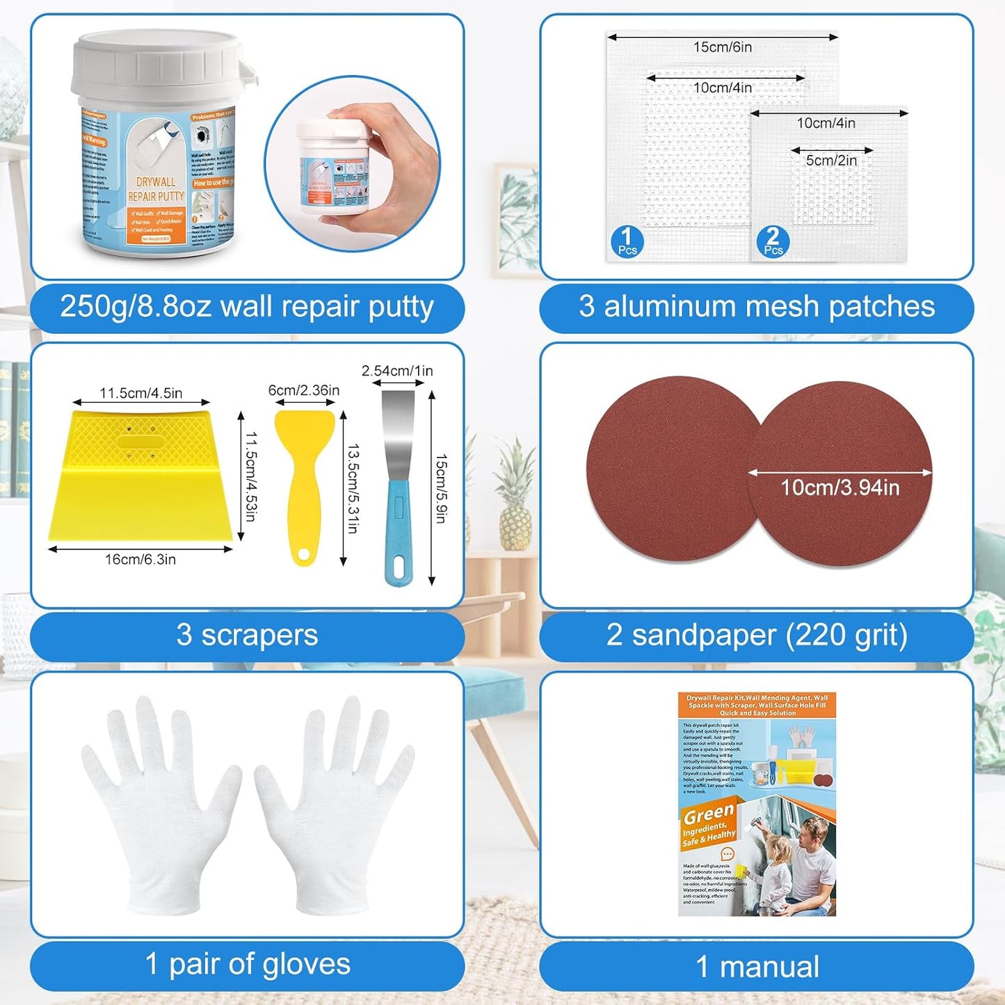 Drywall Repair Kit, Drywall Patch Repair Kit with 8.8OZ White Wall Repair Putty, Scraper Sandpapers Gloves for Heavy Duty Plaster Wall Repair, Easy to Fill Holes in Home Wall & Quick Repair Crack