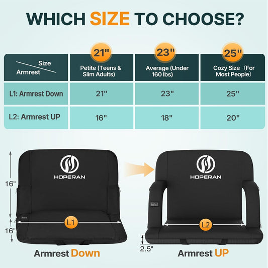 HOPERAN Heated Stadium Seats with Back Support, Dual Control, 1-Pack | Independent Seat & Back 3 Level Heat (NO Battery), Soft Cushion, 6 Recliner, Anti-Slip, Side Pockets, Backpack Straps