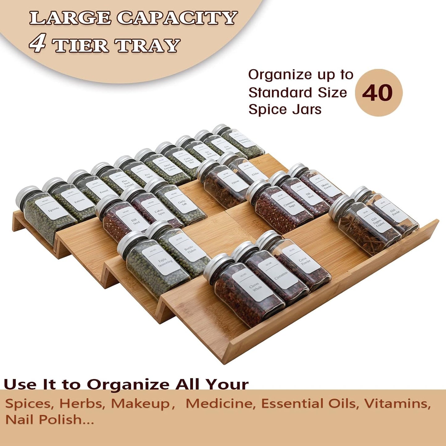 Bamboo Spice Rack Drawer Organizer - 8 Pieces Set- 7" Wide Per Piece - Combine Pieces Into 14" Wide Rack (7" or 14")