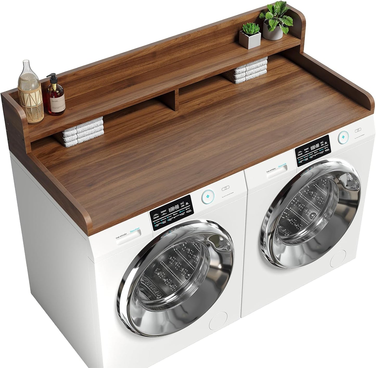 2-Tier Washer Dryer Countertop with 2.75" H Edge Rails, 54" W x 27.55" D Laundry Countertop for Folding Clothes, Washer and Dryer Topper with Non-Slip Pad (Dark Walnut)