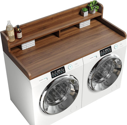 2-Tier Washer Dryer Countertop with 2.75" H Edge Rails, 54" W x 27.55" D Laundry Countertop for Folding Clothes, Washer and Dryer Topper with Non-Slip Pad (Dark Walnut)