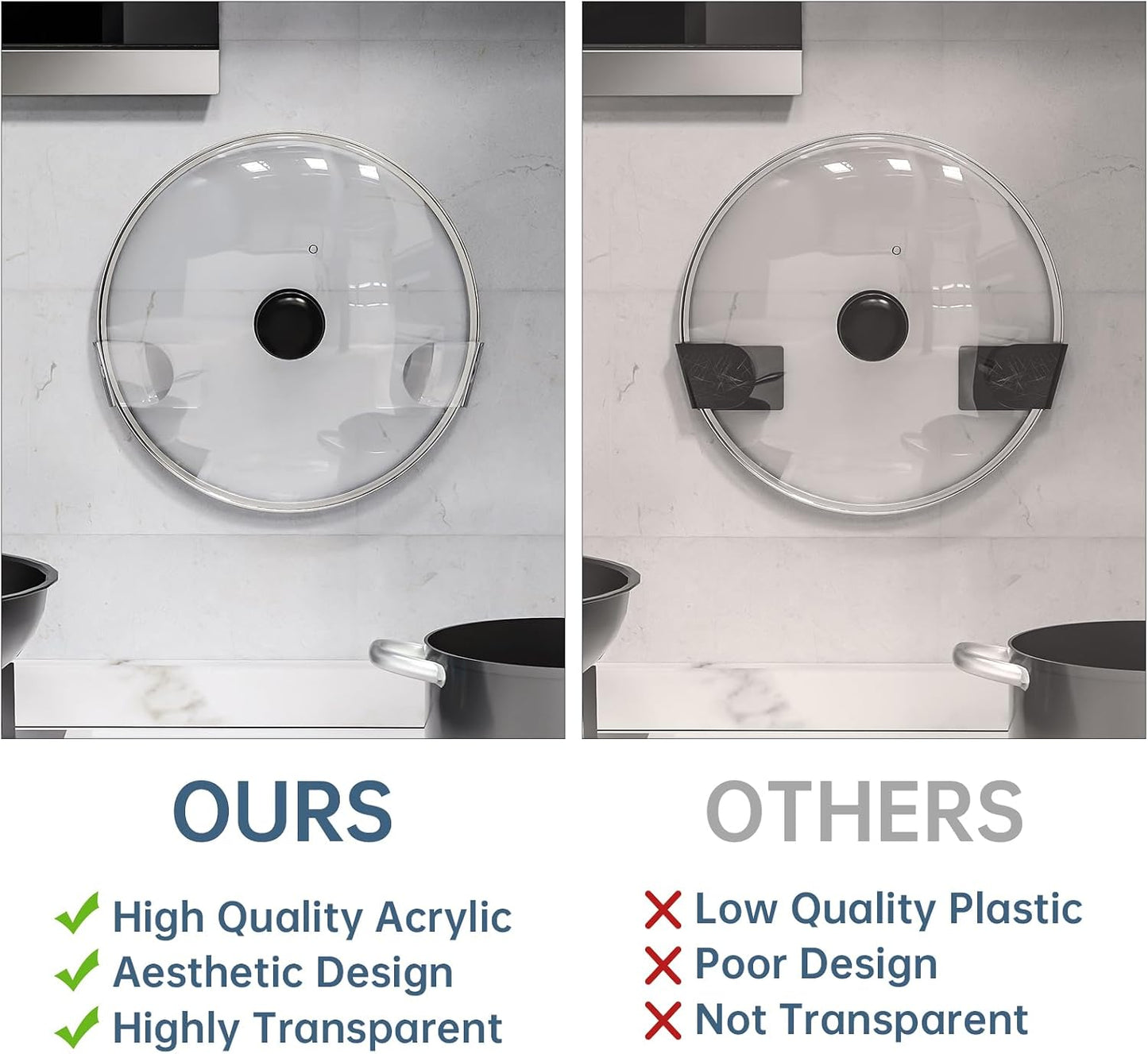 NiHome 6 Pcs Wall-Mounted Acrylic Pot Lid Organizer with Advanced Nano-Gel Adhesive, Pot Lid Holder with Elegant Transparent Design, Fits 6" to 14", No-Tool Installation and Clean Removal