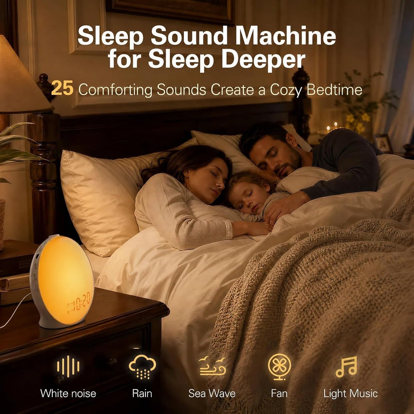 JALL Full-Screen Wake Up Light Sunrise Alarm Clocks for Bedrooms, White Noise Machine for Heavy Sleepers, 25 Natural Sounds, Dual Alarms, FM Radio, 17 Dimmable Colors, Bluetooth Speaker