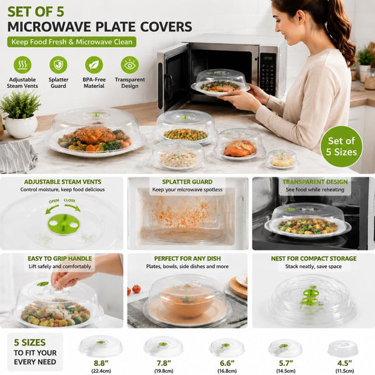 Set of 5 Microwave Plate Covers with Adjustable Steam Vents; Microwave Splatter Covers - Mixed Sizes for Large & Small Food Plates Bowls