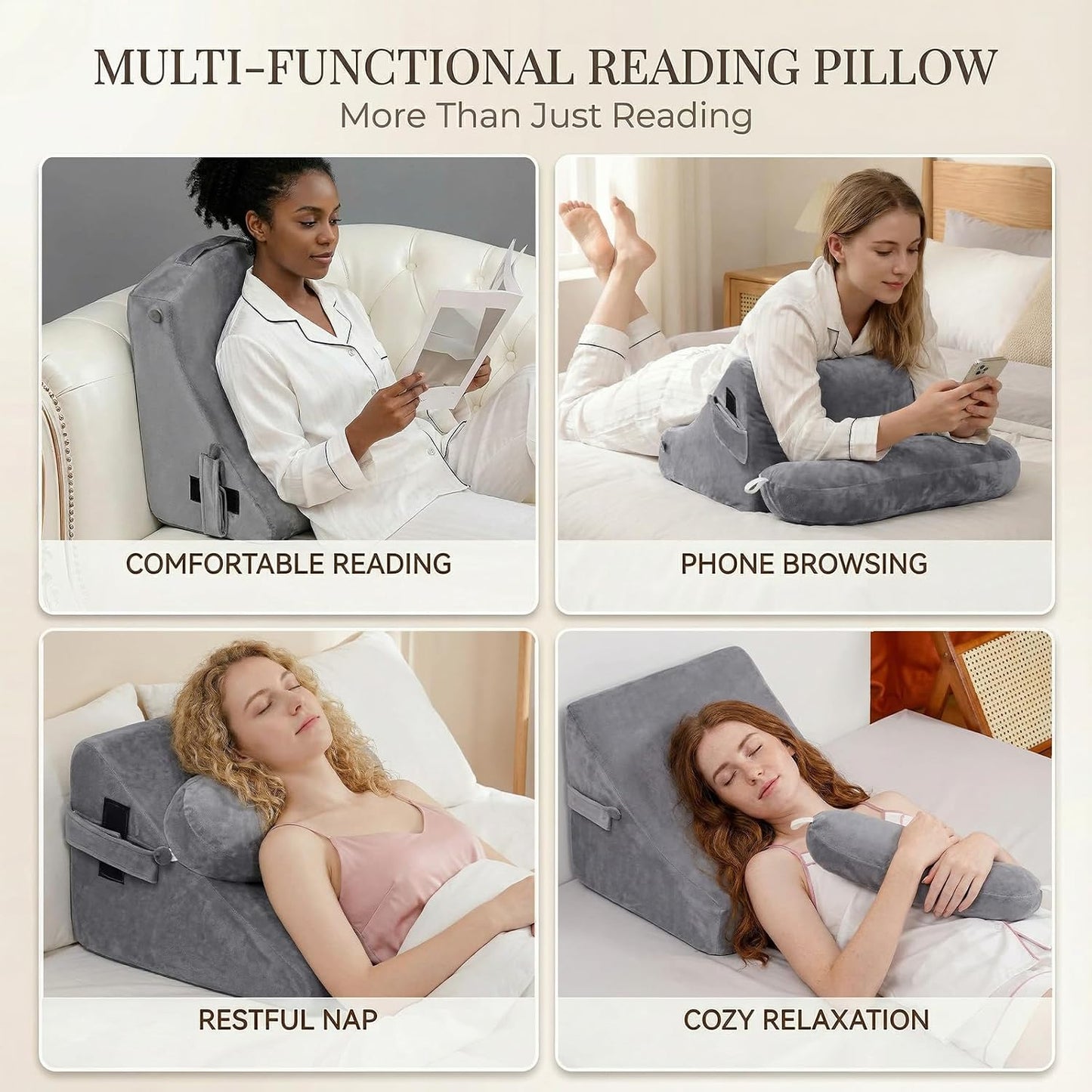 21 INCH Reading Pillow for Adults, Back Pillow for Bed Sitting Up, Backrest Pillow for Sitting in Bed, Detachable Arms with Built-in Cup & Phone Caddy (Gray, 21 INCH)