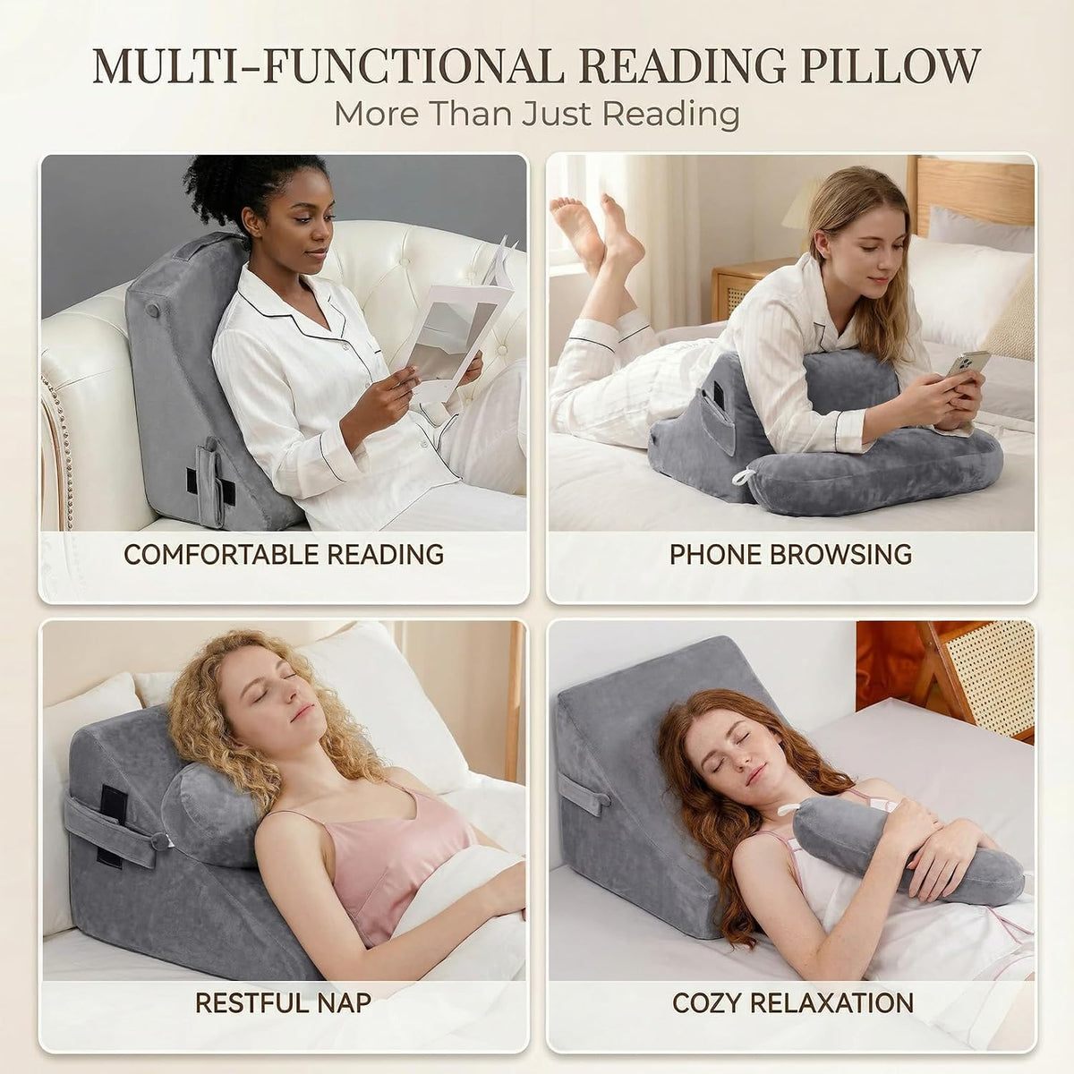 21 INCH Reading Pillow for Adults, Back Pillow for Bed Sitting Up, Backrest Pillow for Sitting in Bed, Detachable Arms with Built-in Cup & Phone Caddy (Gray, 21 INCH)