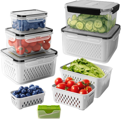 5 PCS Large Fruit storage Containers for Fridge ,Food Storage Containers | with Removable Colander Leakproof Dishwasher & Microwave safe Produce Containers Keep Fruits Vegetables Berry Fresh longer