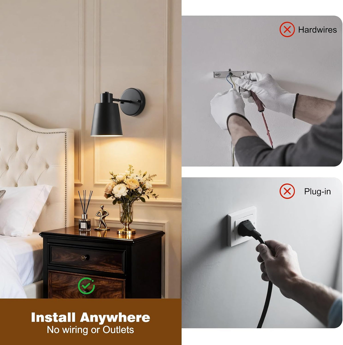 Gold Battery Operated Wall Sconces Set of Two with Remote, Rechargeable Battery Powered Wall Lights, 3 Color Temperature, Dimmable, Modern Wireless Wall Lamps for Bedroom Living Room Hallway