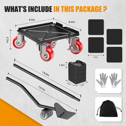 LOYAL TIGER 1500LBS Heavy Duty Furniture Dolly & Movers Set (5.4 Inch, Red) | 5-Wheel Carbon Steel Rollers with Locking Casters & Lifter. Moving Kit for Refrigerator, Washer, Sofa & Cabinet.