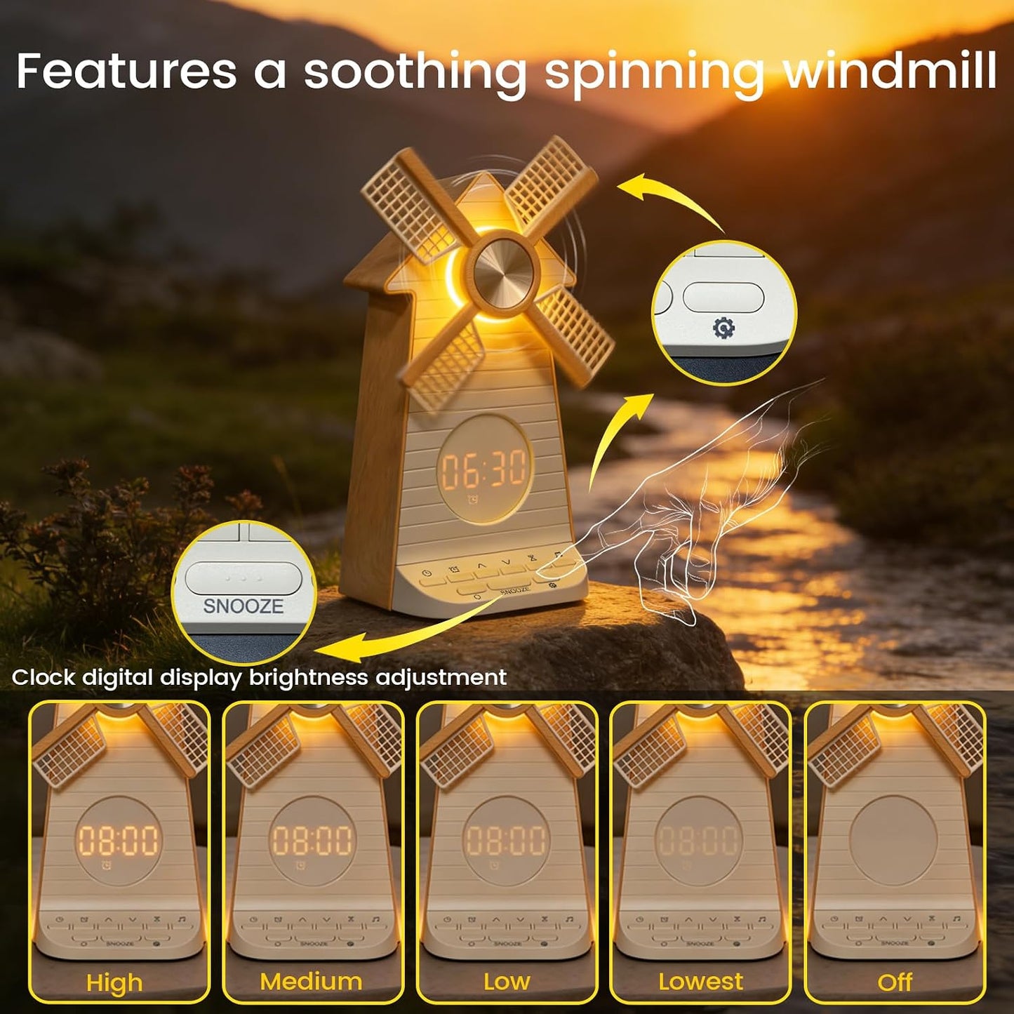 Sunrise Alarm Clock Rotating Windmill, White Noise Sleep Aid Gift | 20 Soothing Sounds, Easy Snooze Wake Up Light, 4-Level Dimmer Bedside Night Light, 30/60/90min Timer, Bedroom for Adults/Kids