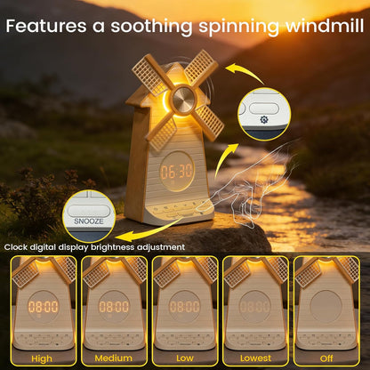 Sunrise Alarm Clock Rotating Windmill, White Noise Sleep Aid Gift | 20 Soothing Sounds, Easy Snooze Wake Up Light, 4-Level Dimmer Bedside Night Light, 30/60/90min Timer, Bedroom for Adults/Kids