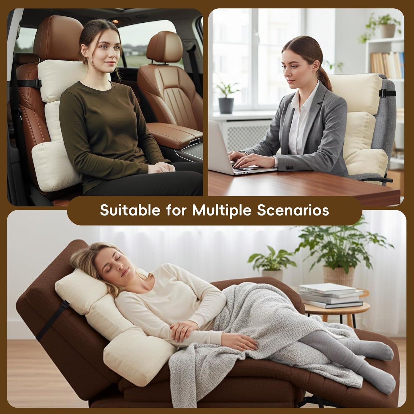 2-Piece Neck Pillow Lumbar Support Cushion for Recliner, Ergonomic High-Density Foam Backrest with Adjustable Headrest, Soft Comfy Back Support for Office Chair, Sofa, Couch, Pain Relief, Beige