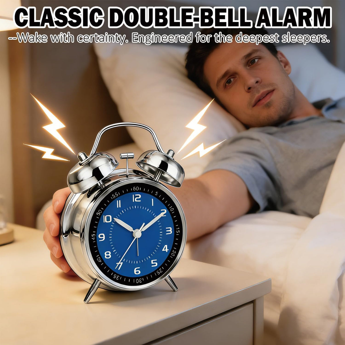 4.5" Metal Loud Alarm Clock for Heavy Sleepers Adults, Analog Battery Operated Alarm Clock with Bells Glow in Dark Numbers, Silent Old School Bedside Desk Clock for Bedroom Office Kids, Black