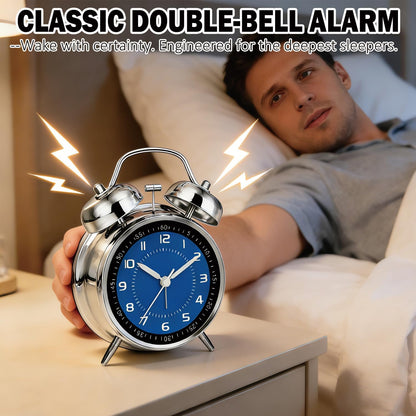 4.5" Metal Loud Alarm Clock for Heavy Sleepers Adults, Analog Battery Operated Alarm Clock with Bells Glow in Dark Numbers, Silent Old School Bedside Desk Clock for Bedroom Office Kids, Black