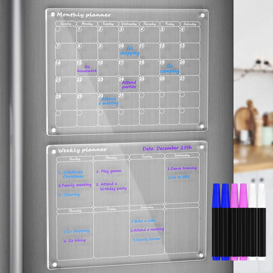 AITEE Magnetic Monthly Weekly Dry Erase Board Set for Fridge with 6 Markers | 16x12 acrylic, 2 pack, 6 markers 3 colors, quick wipe no ghosting, 4 strong magnets, nano tape for stainless, for home office