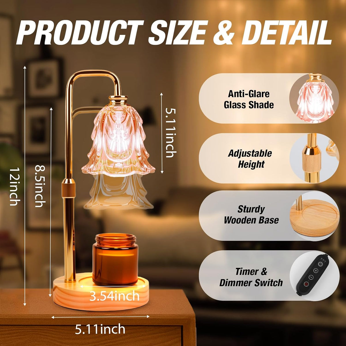 Candle Warmer Lamp with Timer and Dimmer, Electric Wax Warmers for Scented Candles with 5 Brightness Settings, Anti-Glare Lamp with Adjustable Height, Home Decor, Gift for Birthday, Valentines