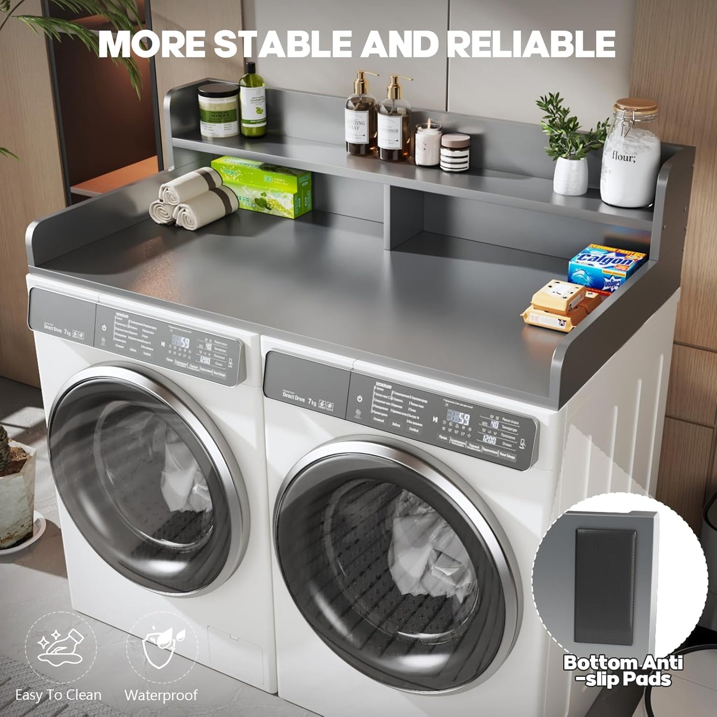 2-Tier Washer and Dryer Countertop with 2.75" H Guard,54" W x 27.5" D Laundry Countertop Cover with Non-Slip Pad,Large Space Laundry Topper for Folding Clothes Over Washer and Dryer-White