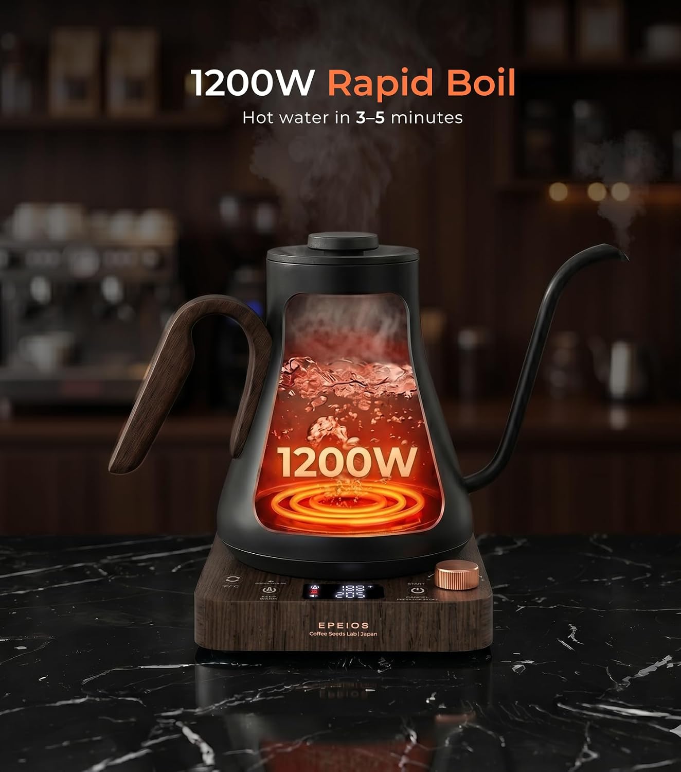 Epeios Electric Kettle, Gooseneck Electric Kettle with ±1°F Temperature Control, 1200W Rapid Heating for Pour Over Coffee & Tea, 304 Stainless Steel Interior, Auto Shut-Off, 0.9L, Black | Rapid Heating, Precision Pour-Over for Coffee & Tea,Smart Hot