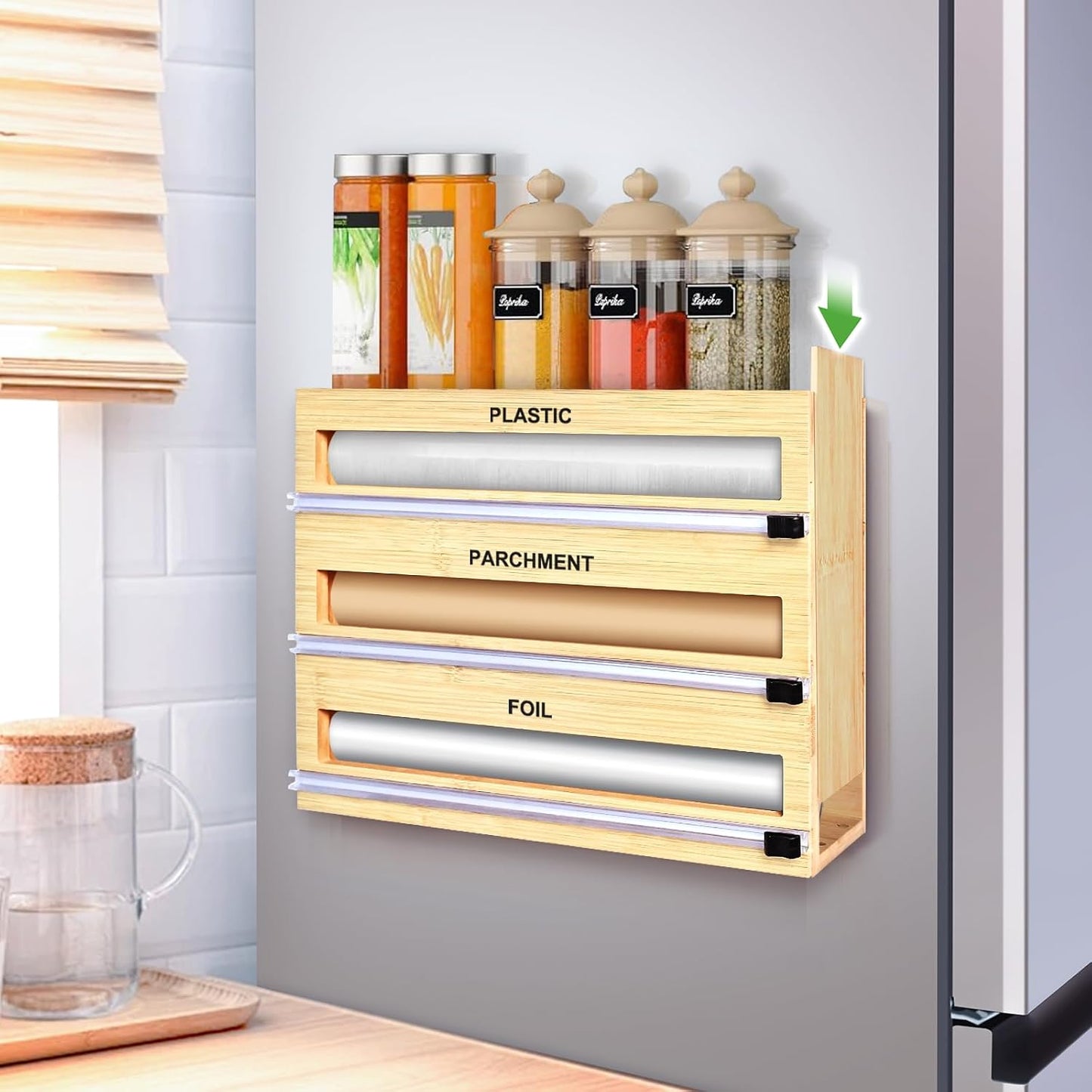 MSJGA Magnetic Plastic Wrap Dispenser with Cutter for Drawer&Refrigerator | 3 in 1 Fridge Bamboo Organizer for Tin Foil, Baking Paper, Wax Paper Holder Kitchen Storage Box Compatible,13" x 8.2" x 2.7"