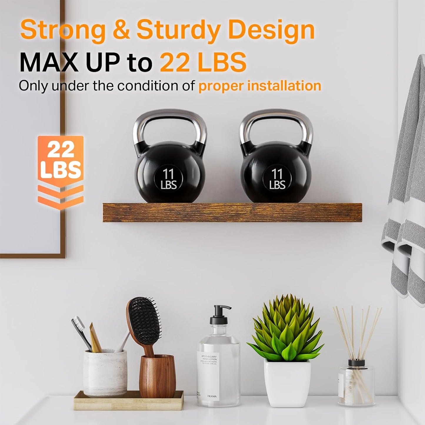 BAYKA Rustic Brown Floating Shelves 22.5in, Set of 2, Wall Mount Wood Shelf | Easy Install, 22lbs Max Load, Hidden Bracket, for Bathroom Bedroom Living Room or Kitchen, Hanging Shelf Book Decor Storage