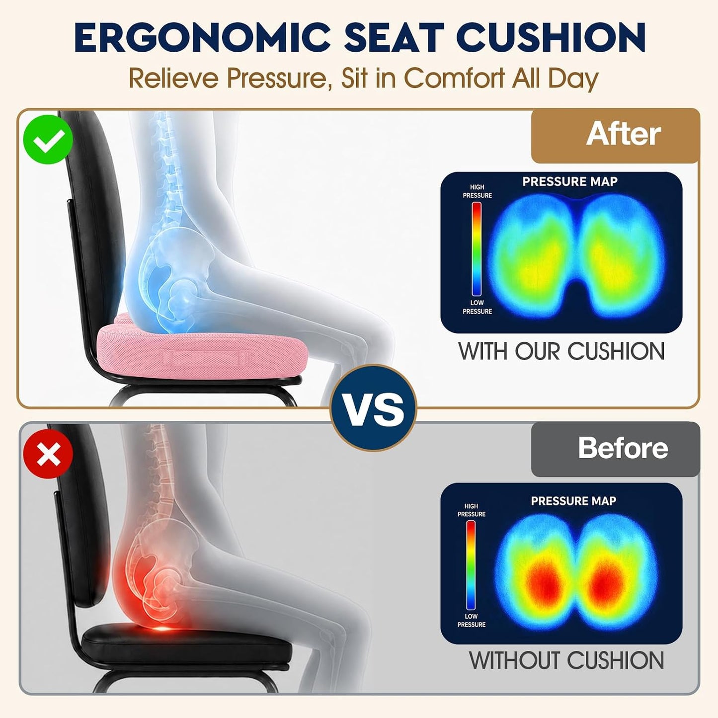 TushGuard Office/ Car Seat Cushion, Non-Slip Sciatica & Back Coccyx Tailbone Pain Relief Chair Pad, Memory Foam Butt Pillow for Computer Desk, Wheelchair, Driving (Black)