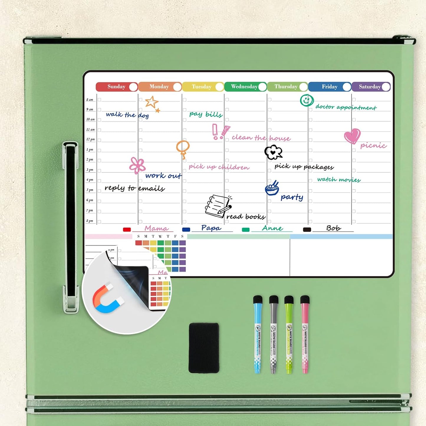 POPRUN Dry Erase Weekly Calendar Whiteboard, Magnetic Hourly Schedule Board | 16.9 x 11" Weekly Planner for Fridge, Time Slots, Family Daily Planning for Refrigerator, Homeschool, Work