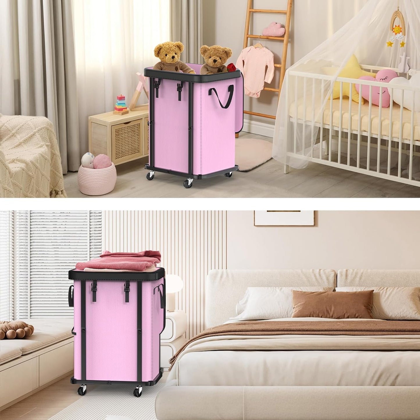 Laundry Hamper with Wheels,150L Leather Patchwork Clothes Hamper Black | Rolling Laundry Basket with Sturdy Metal Frame, Removable Washable Bag,Tall Clothes Sorter for Bedroom, Laundry Room, Dorm