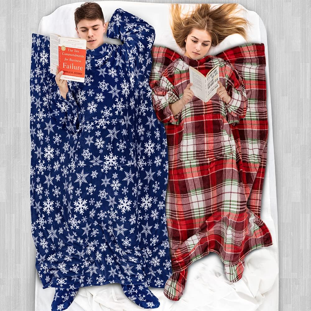 PAVILIA Fleece Blanket with Sleeves and Foot Pockets Women Men, Dark Purple