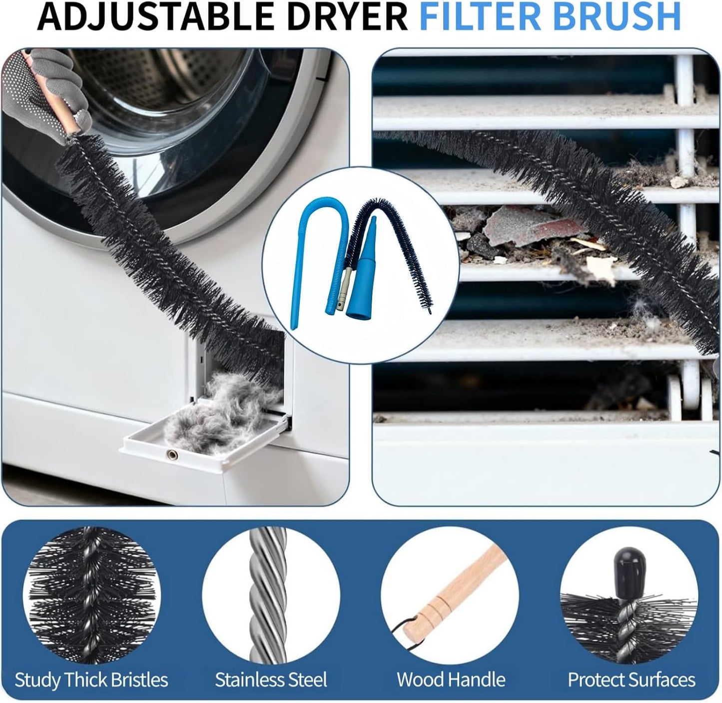 Dryer Vent Cleaner Kit - Universal Vacuum Hose Attachment & Lint Brush, Effectively Clean Clogged Dryer Ducts, Fit Most Vacuums for Dryer, Refrigerator Coils & Behind Appliances (Blue)