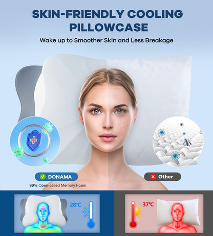 DONAMA Contour Cervical Neck Pillow for Neck Pain Relief | Queen,Ergonomic Dual-Height,Odorless Memory Foam,Side/Back/Stomach Sleepers,Cooling Hypoallergenic Cover,OEKO-TEX Certified