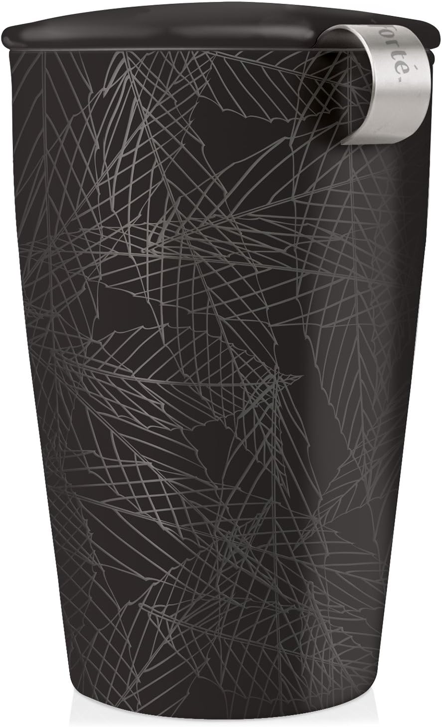 Tea Forte Double-Walled Ceramic Kati Cup, Noir, 12 oz | Insulated Ceramic - Stainless Steel Loose Leaf Infuser - Keeps Tea Hot Longer - Lid Included - Microwave & Dishwasher Safe