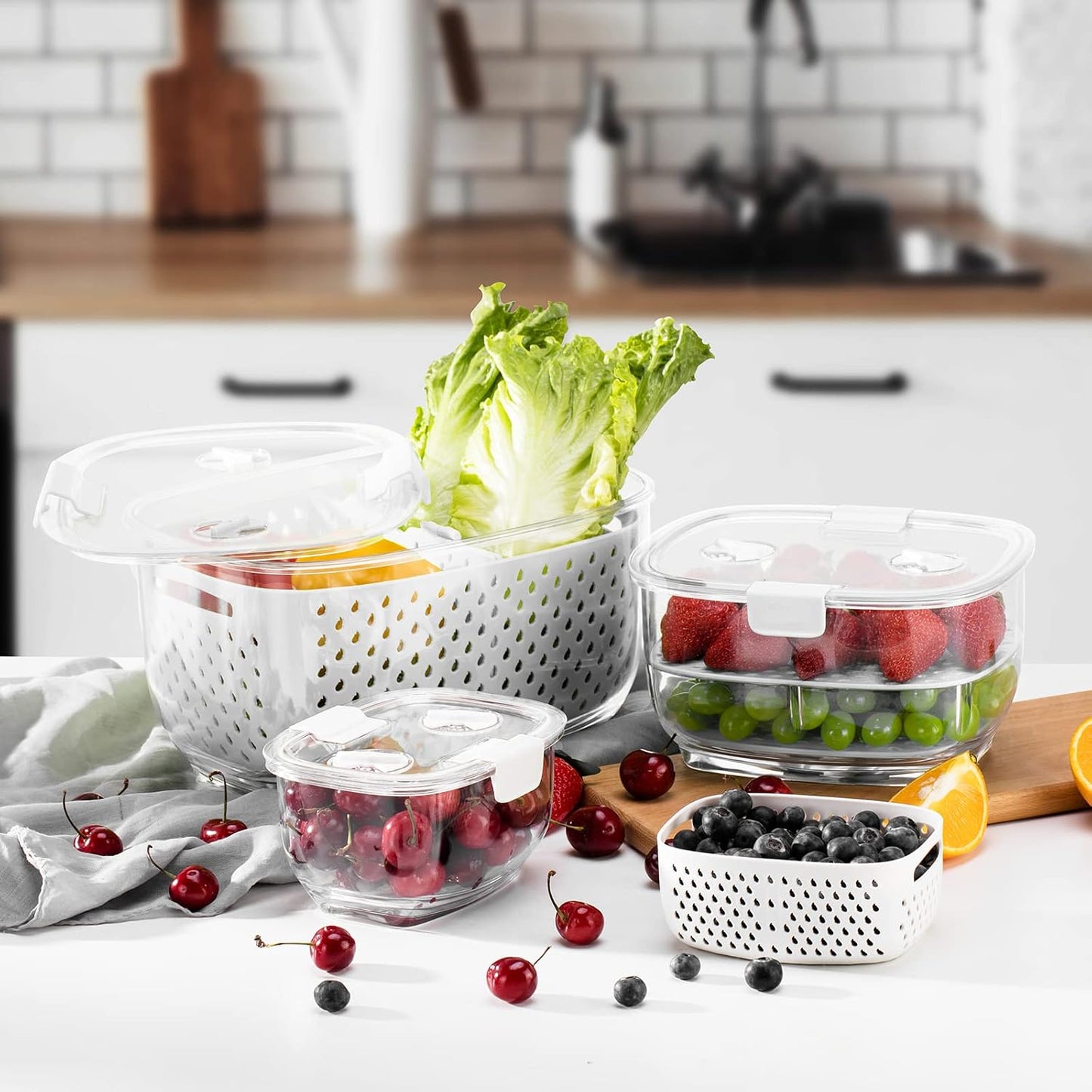 LUXEAR Fresh Produce Vegetable Fruit Storage Containers 3Piece Set, BPA-free, Partitioned Salad Container, Fridge Organizers, Used in Storing Fruits Vegetables, White