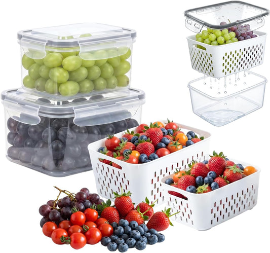 Fruit Storage Containers for Fridge, Grape Containers with Built-In Drain Basket, 2-Pack No-Leak Design, Saves Space, Durable and Easy to Clean, Easy Grab Handle, Keeps Grapes and Berries Fresh