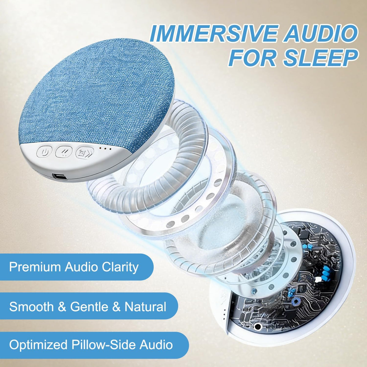 2026 Mini Bluetooth Pillow Speaker for Sleeping, Under Pillow Speaker with Built-in White Noise & Pink Noise Sound Machine, 48H Playtime, 3 Timers, Stereo Bass Private Sleep Audio (Blue)