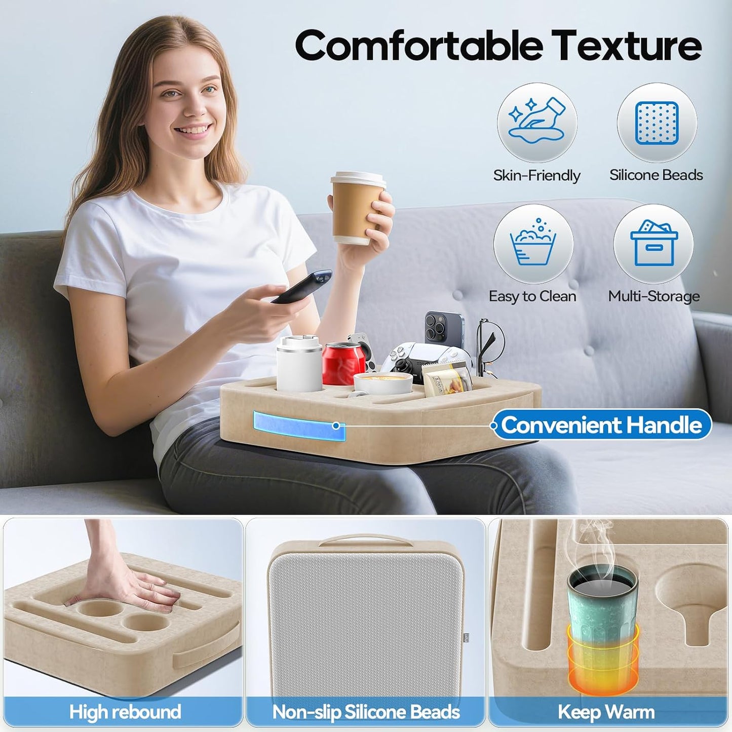 Couch Cup Holder Pillow, Sofa and Bed Caddy for iPad, Kindle, Switch, Game Controller, Remotes, Phones, Small-Sized Cup & Drink Holder for Couch, Bed, Desk, Car, Beach, Bathroom Cup Holder