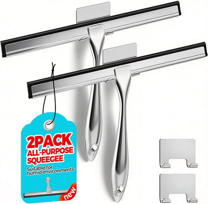 2pcs Shower Squeegee for Glass Doors with Adhesive Hanging Hook Set | 10” Silver, Bathroom Accessories, Window Cleaner, New Home Essentials, Soft Rubber Blade, Metal Handle, Ergonomic Grip