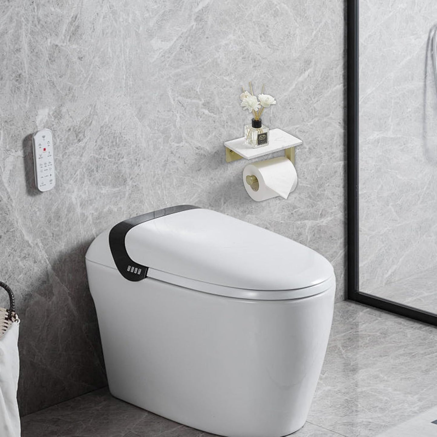 BWE Brushed Gold Toilet Paper Holder with Marble Shelf Wall Mounted | Toilet Paper Roll Holder with Phone Shelf 304 Stainless Steel Tissue Holder for Bathroom Washroom,Saving Space