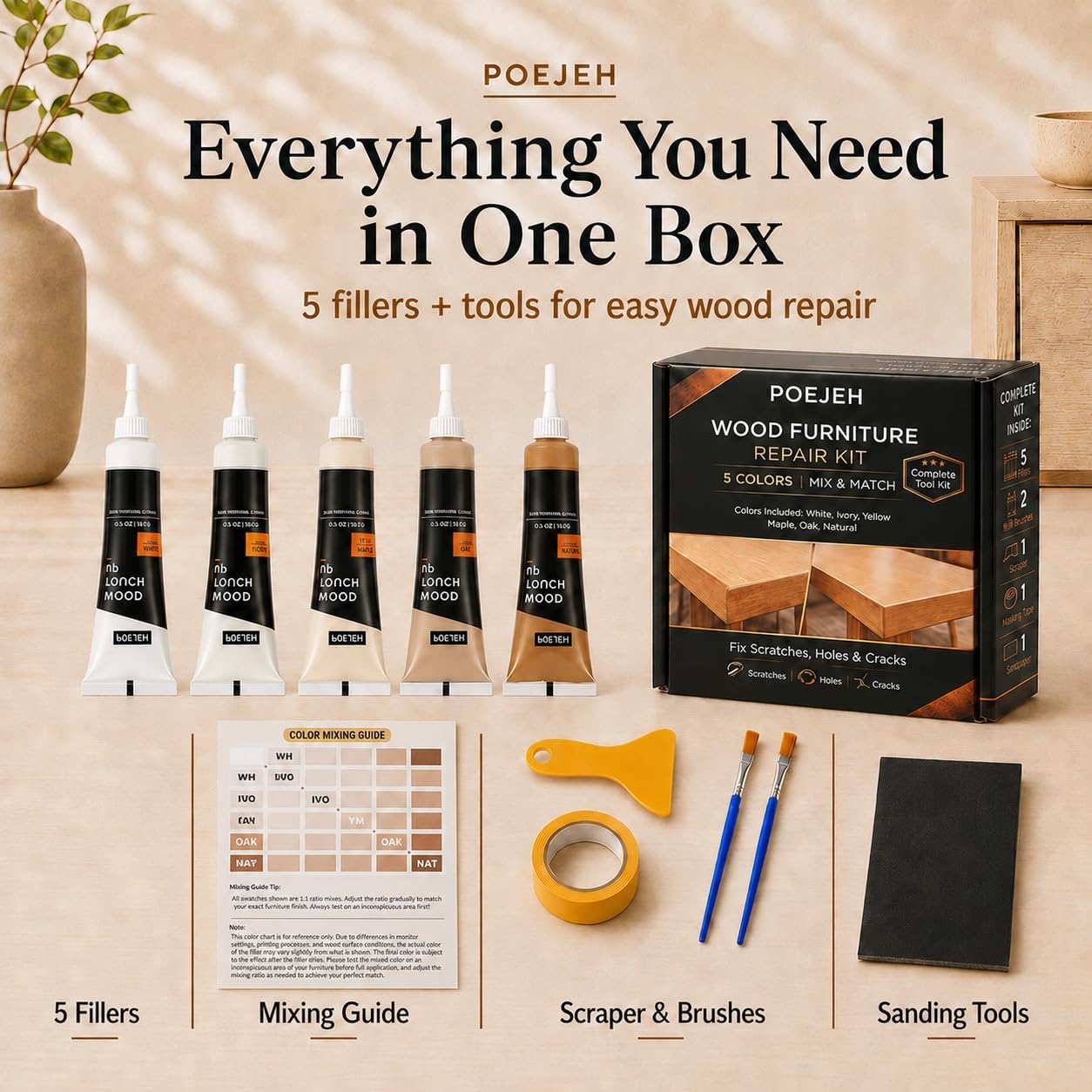 10 Color Wood Repair Kit Blendable Anti-Crack Furniture Restore Set | Full Tool & Color Chart, Strong Adhesion, Repairs Floor Cabinet Wood Surfaces, Practical Housewarming DIY Gift Kit