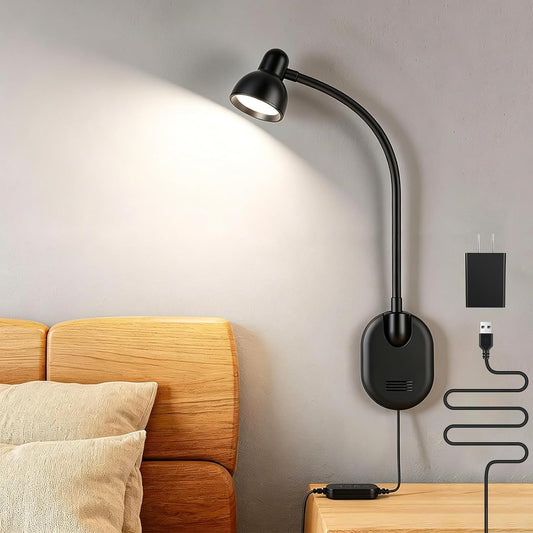 Wall Mounted Reading Light, LED Wall Bedside Lamp with Adapter Black