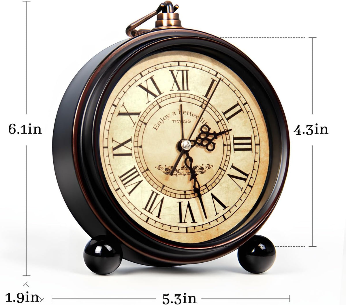 TIMESS 4.3-Inch Vintage Analog Alarm Clock, Silent Non-Ticking, Brown