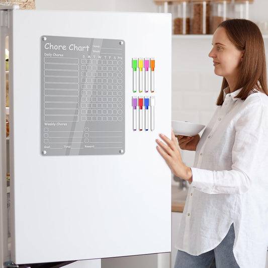 Fridge Chore Chart Clear Acrylic Dry Erase Checklist | with 8 Markers 15.7x11.8inch Magnetic Weekly Chore Chart for Teens Kids Family Kitchen Refrigerator Daily Weekly Schedule