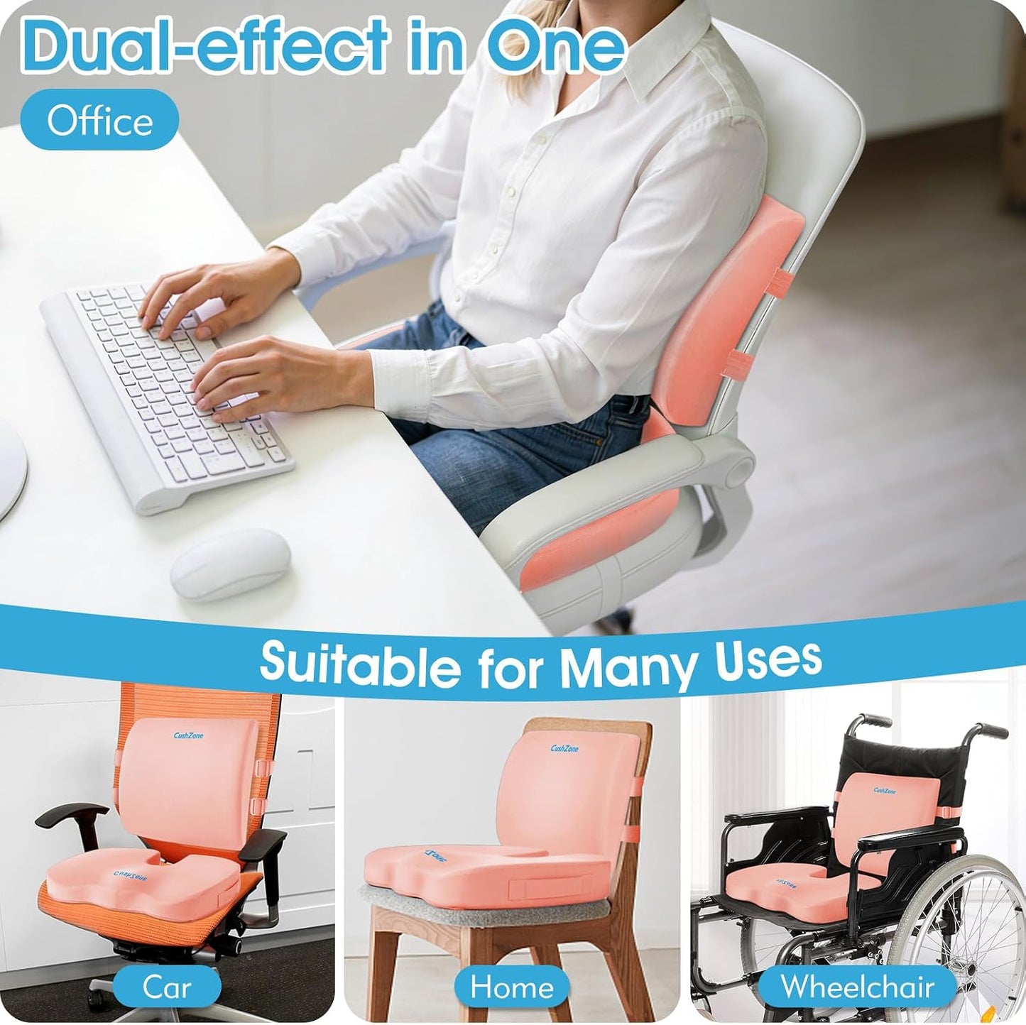 CushZone Ergonomic Seat Cushion & Lumbar Support Pillow - Memory Foam for Sciatica Pain Relief & Posture Correction, Non-Slip Chair Cushions for Office Chair/Car/Wheelchair/Travel (Black)