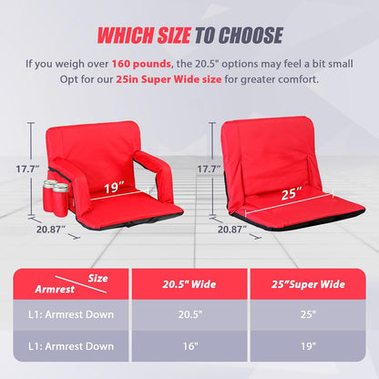 20.5"/25" Wide Stadium Seat for Bleachers w/Back Support Padded Cushion Portable Reclining Bleacher Seats Camping Stadium Chair Waterproof