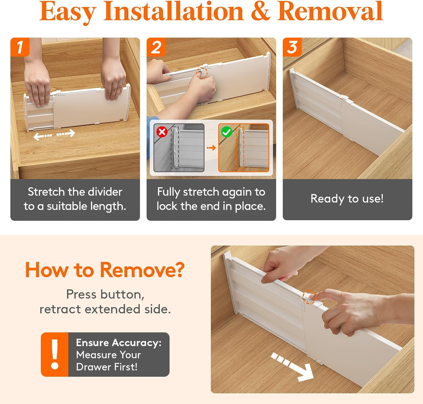 Lifewit 8" Tall Drawer Dividers, Adjustable Deep Drawer Organizer Clothes | 4 Pack 13.8"-22.2" Expandable White Plastic Separators for Dresser, Kitchen, Cabinet, Closet, Office Organization & Storage