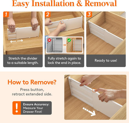 Lifewit 8" Tall Drawer Dividers, Adjustable Deep Drawer Organizer Clothes | 4 Pack 13.8"-22.2" Expandable White Plastic Separators for Dresser, Kitchen, Cabinet, Closet, Office Organization & Storage
